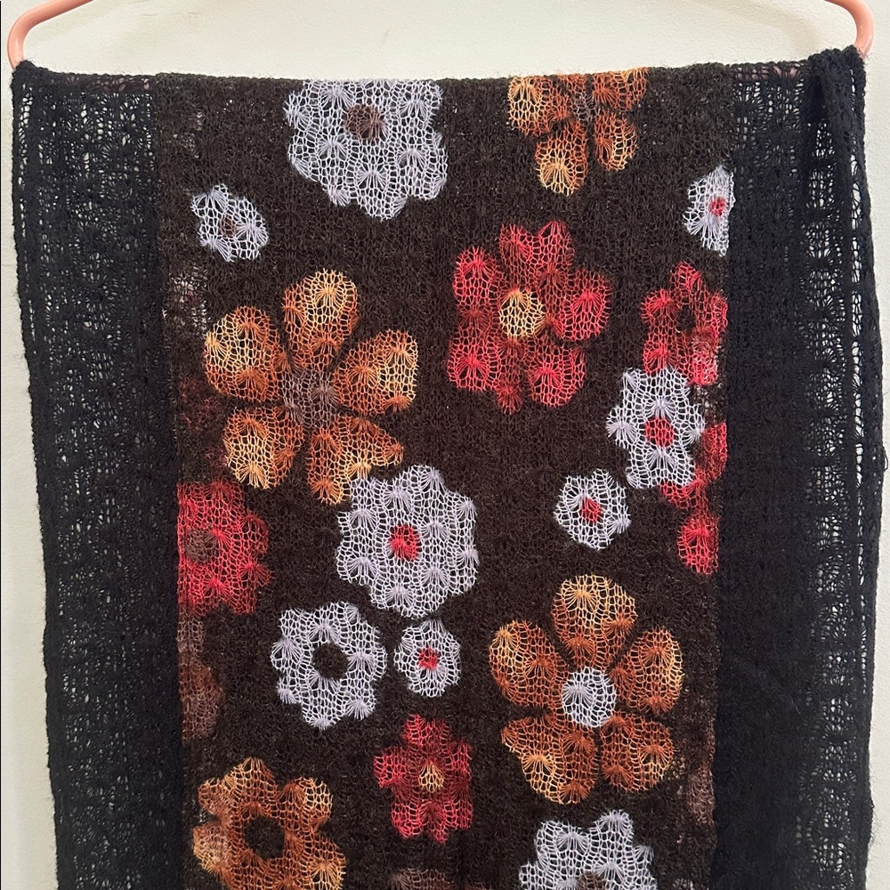 Rikka Black Double Layered Loose Knit Scarf Flower Design Mini Pom Pom Edge Boho